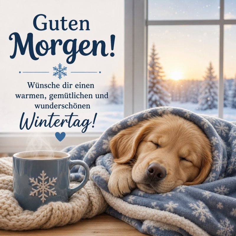 Ein schlafender Hund eingewickelt in eine blaue Decke neben einer dampfenden Tasse mit Schnee-Aufdruck bietet einen warmen Guten-Morgen-Gruß im winterlichen Ambiente.