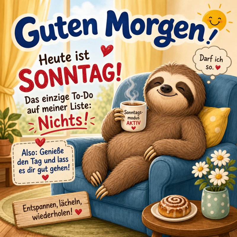 Ein entspannendes Bild zeigt ein lächelndes Faultier mit einer Tasse, das auf einem Sofa sitzt, umgeben von Texten für einen gemütlichen Guten-Morgen-Gruß.