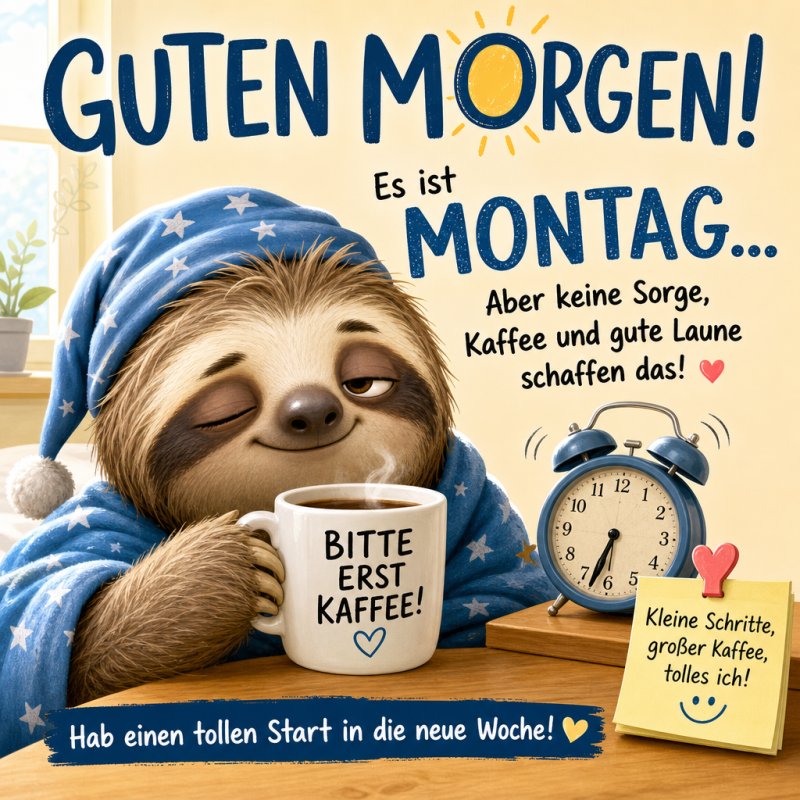 Ein schläfriges Faultier in blauer Schlafmütze trinkt Kaffee aus einer Tasse mit der Aufschrift 'Bitte erst Kaffee' für einen Guten-Morgen-Gruß am Montag.