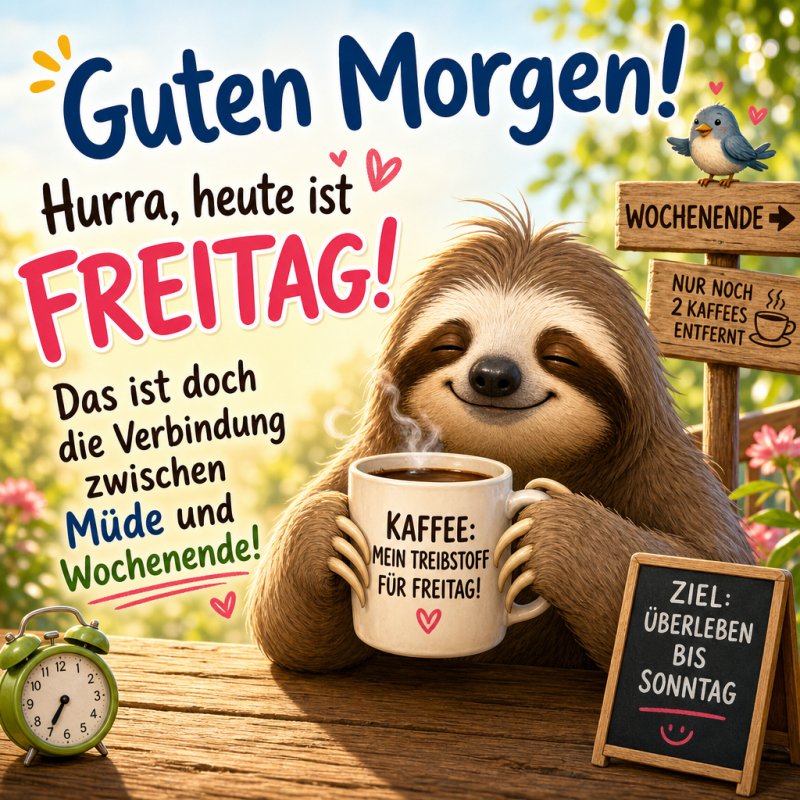 Ein lächelndes Faultier hält eine Kaffeetasse in den Händen, umgeben von fröhlichen Sprüchen, in einem warmen Guten-Morgen-Gruß zum Freitag.