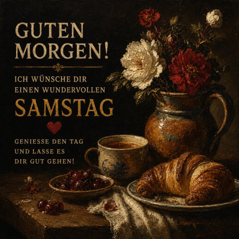 Ein rustikales Stillleben zeigt einen Guten-Morgen-Gruß mit einem Croissant, Beeren, einem Keramikkrug und blühenden Blumen auf einem Holztisch.