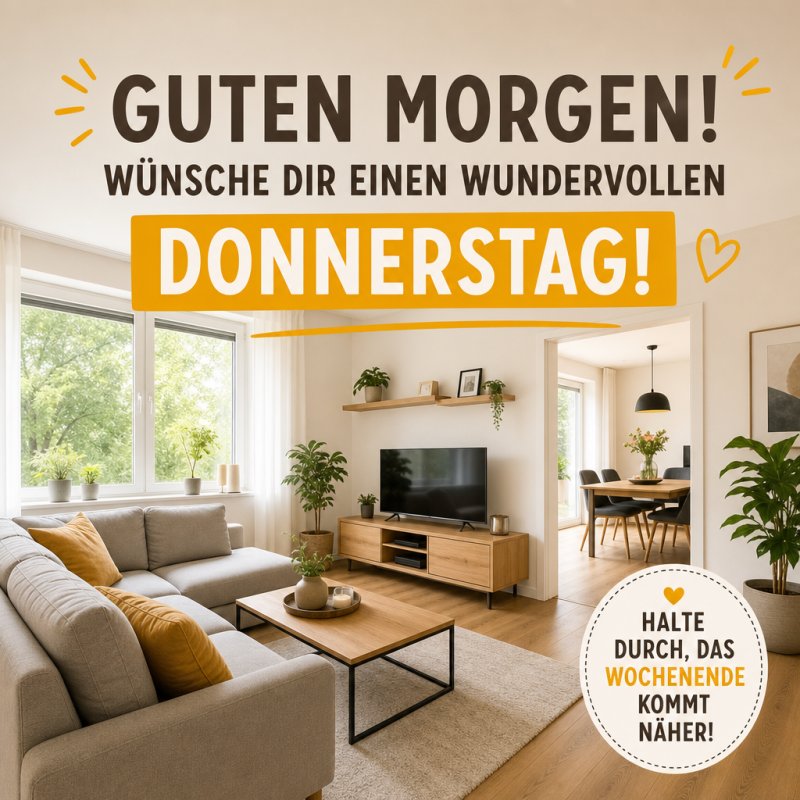 Ein helles, modernes Wohnzimmer mit einer grauen Couch und Pflanzen vermittelt einen freundlichen Guten-Morgen-Gruß für Donnerstag.
