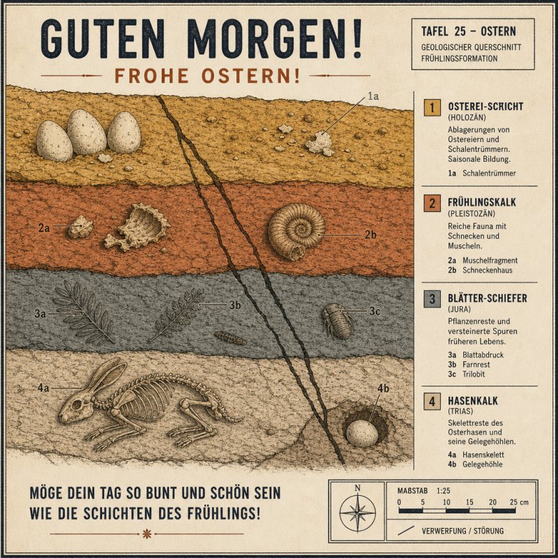 Ein diagrammatischer Geologie-Querschnitt mit Osterei-Schichten und Fossilien als kreativer Guten-Morgen-Gruß zu Ostern, angereichert mit Texten.