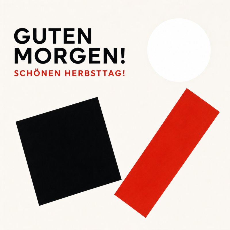 Ein minimalistisches Design mit schwarzen und roten geometrischen Formen auf weißem Hintergrund vermittelt einen modernen Guten-Morgen-Gruß im Herbst.