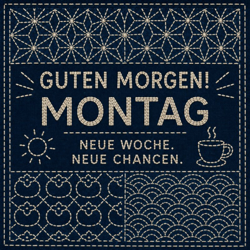Diese Guten-Morgen-Grußkarte zum Montag zeigt ein geometrisches Design mit Sonne, Kaffeetasse und Wellenmotiv auf einem blauen Hintergrund.