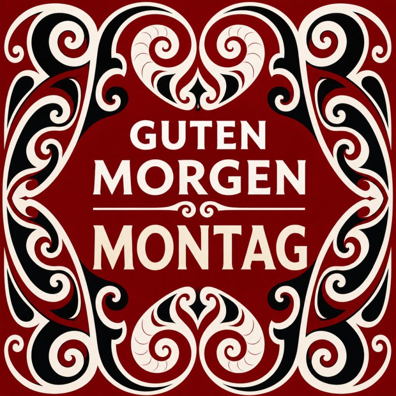 Ein stilvoller Guten-Morgen-Gruß mit geschwungenen schwarzen und weißen Ornamenten auf rotem Hintergrund, die den Schriftzug 'Montag' umrahmen.