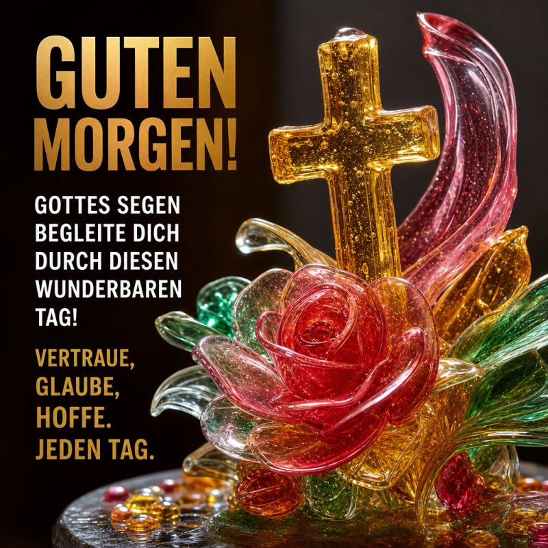 Ein farbenfrohes Glasarrangement mit Kreuz und Rose sendet einen herzlichen Guten-Morgen-Gruß und vermittelt eine religiöse Botschaft der Hoffnung.