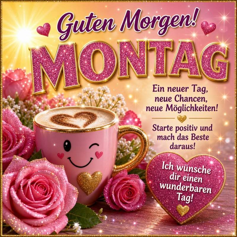 Ein fröhlicher Guten-Morgen-Gruß mit einer glitzernden Tasse und rosa Rosen vor goldenem Hintergrund verbreitet positive Montagsstimmung.