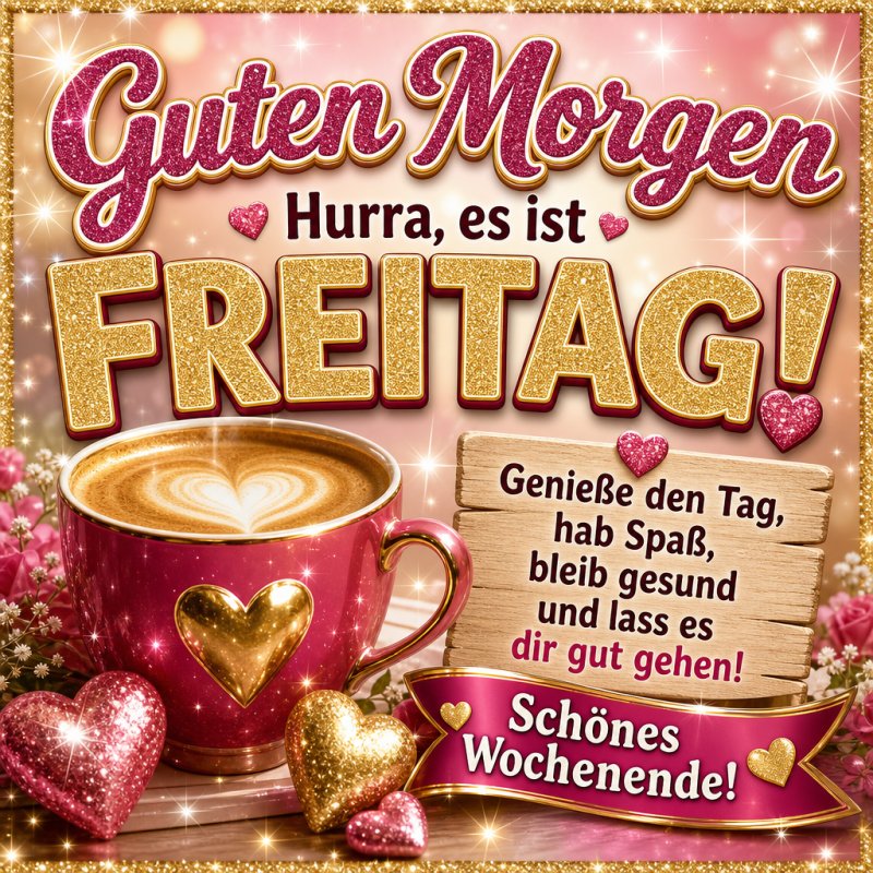 Ein funkelnder Guten-Morgen-Gruß zeigt eine goldene Schrift, eine Tasse Cappuccino und Herzen, umgeben von rosa und goldenen Elementen für den Freitag.