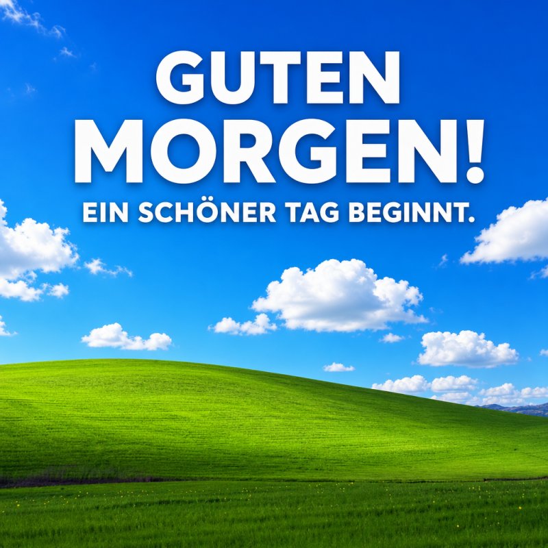 Ein sonniger Morgen mit leuchtend grünen Hügeln und blauem Himmel voller weißer Wolken lädt zu einem frischen Guten-Morgen-Gruß ein.