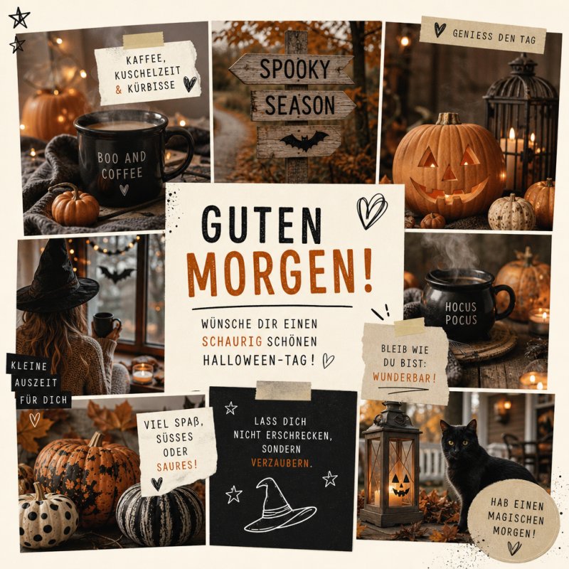 Collage mit Kürbissen, Kaffeetassen und Halloween-Deko verbreitet eine gemütliche, gruselige Stimmung für einen Guten-Morgen-Gruß an Halloween.