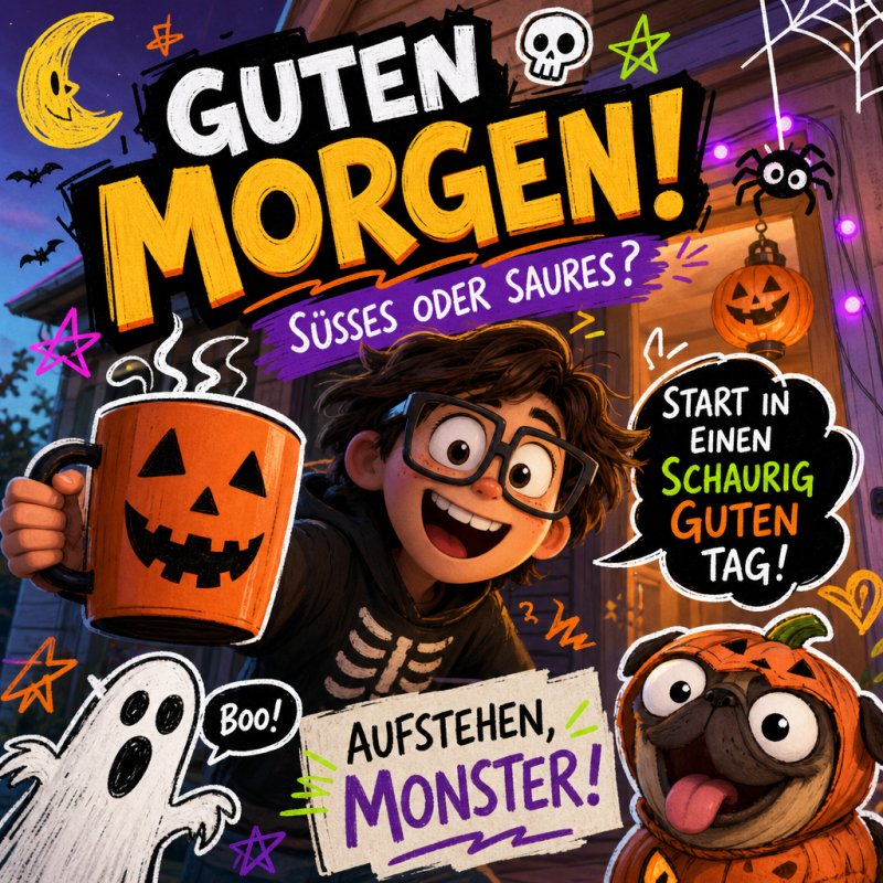 Ein fröhliches Kind mit Skelett-Pullover hält einen Kürbistasse, umgeben von Halloween-Motiven, für einen Guten-Morgen-Gruß an einem schaurig schönen Tag.