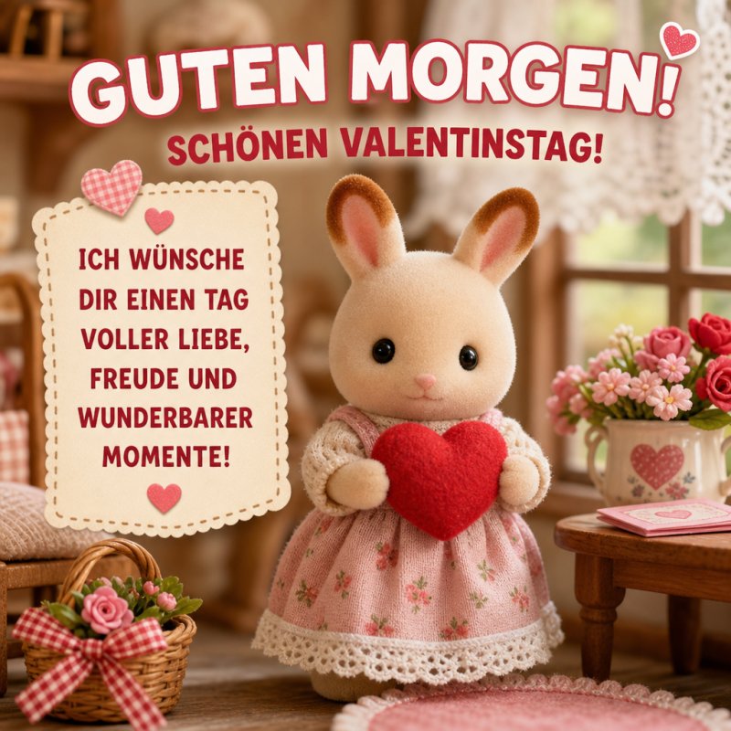 Ein süßes Stoffhäschen in einem rosa Kleid hält ein rotes Herz in der Pfote, umgeben von Blumen in einem gemütlichen Raum, als Guten-Morgen-Gruß.