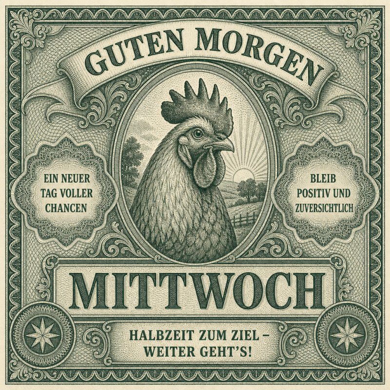 Ein Hahn im Vintage-Stil ziert die Guten-Morgen-Grußkarte für Mittwoch, umgeben von motivierenden Texten und floralen Mustern.