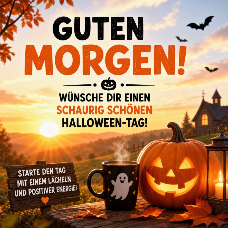 Eine stimmungsvolle Guten-Morgen-Grußkarte zeigt einen Sonnenaufgang mit Kürbisgesicht, Geistertasse und Fledermäusen vor einem Herbsthintergrund.