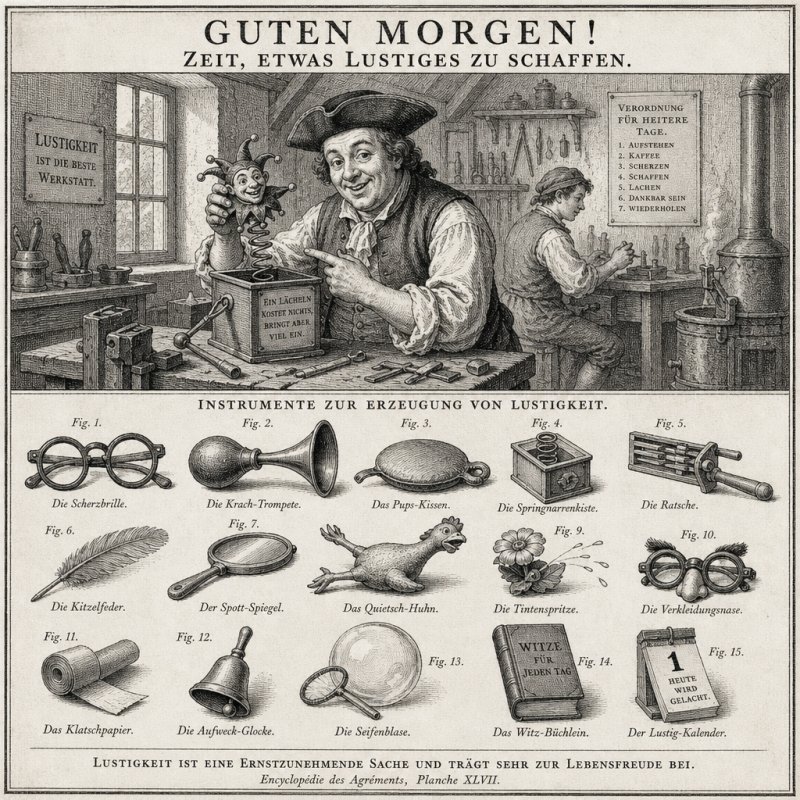 Ein lachender Handwerker präsentiert skurrile Instrumente zur Erheiterung in einer Werkstatt, begleitet von einem humorvollen Guten-Morgen-Gruß.