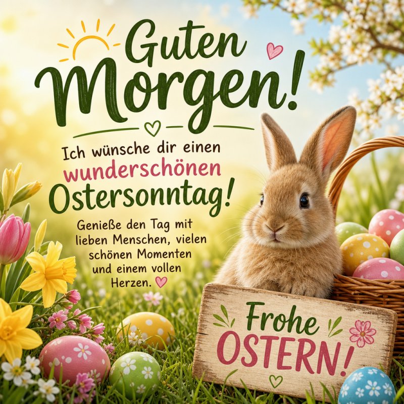 Ein niedlicher Hase sitzt mit bunten Ostereiern und frühlingshaften Blumen im Gras, während die Sonne scheint, begleitet von einem fröhlichen Guten-Morgen-Gruß.