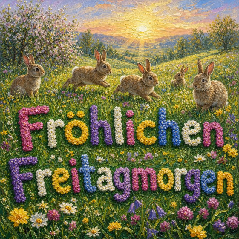 Fröhlichen Freitagmorgen-Gruß in einem lebendigen Ölbild: Eine fröhliche Hasengruppe im Morgentau-Spiel auf einer Blumenwiese im sanften Sonnenlicht.