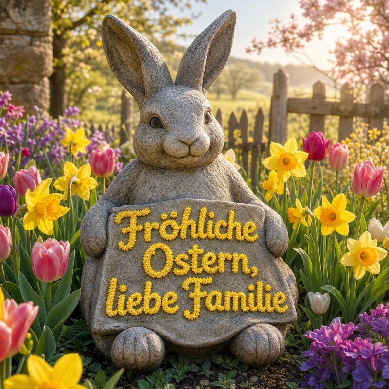 Ein kunstvoller Guten-Morgen-Gruß: Realistisch gerenderte Hasenstatue in einem Frühlingsgarten mit Tulpen und Osterglocken, die das Morgenlicht einfangen.