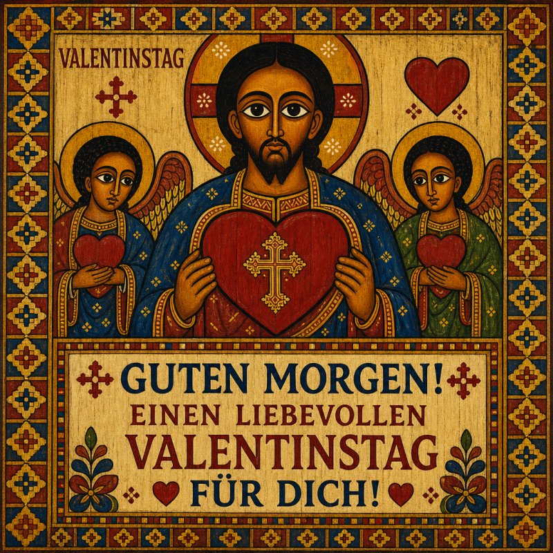 Ein ikonisches Bild zeigt Heilige mit roten Herzen, umgeben von kunstvollen Mustern, das einen "Guten Morgen" als Valentinstagsgruß vermittelt.