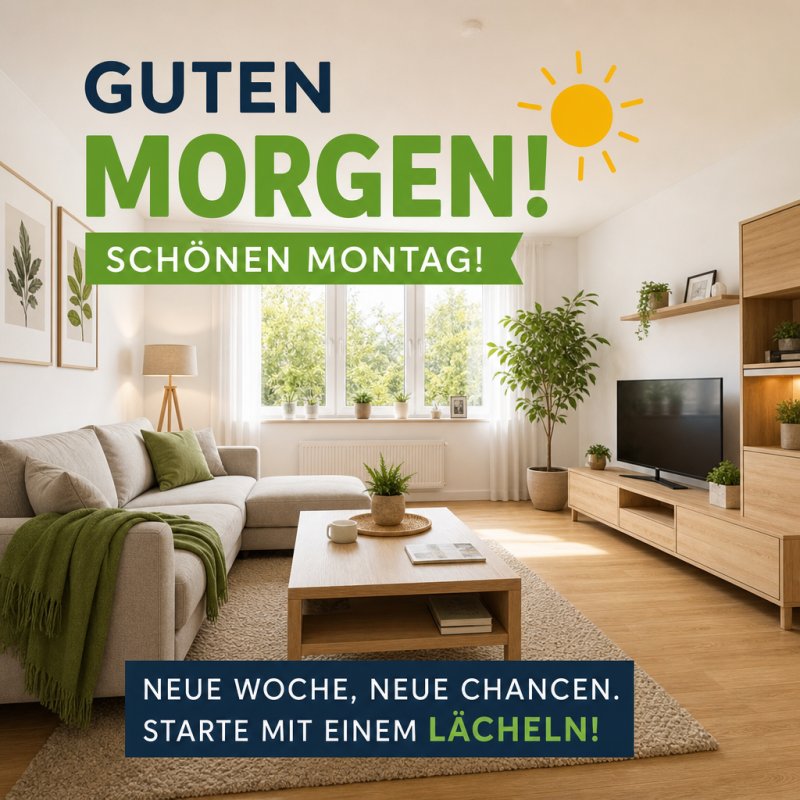 Ein gemütliches, modernes Wohnzimmer mit Pflanzen und Holzmöbeln ist auf einem Guten-Morgen-Gruß abgebildet, der einen positiven Wochenstart vermittelt.