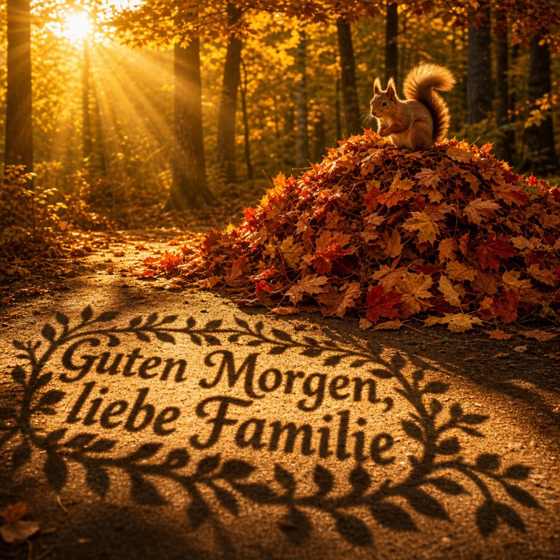 Guten-Morgen-Gruß als Fotografie: Ein Eichhörnchen auf buntem Herbstlaub in einem von Sonnenstrahlen durchbrochenen Wald, mit Schrift aus Blätterschatten.