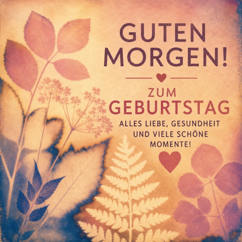 Ein Guten-Morgen-Gruß mit herbstlichen Blättermotiven und Geburtstagswünschen in warmen Rot- und Brauntönen vermittelt eine herzliche Stimmung.