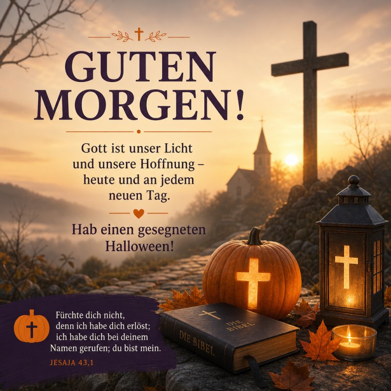 Ein stimmungsvoller Guten-Morgen-Gruß mit leuchtendem Kürbis und Kreuz auf einem Friedhof, im Hintergrund eine Kirche in herbstlichem Licht.