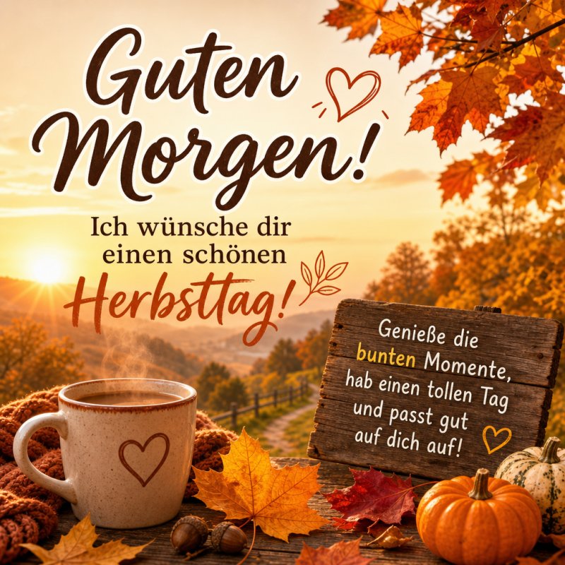 Eine herbstliche Szene mit einer Tasse Kaffee, bunten Blättern und einem Kürbis im Sonnenaufgang verleiht diesem Guten-Morgen-Gruß eine warme Stimmung.