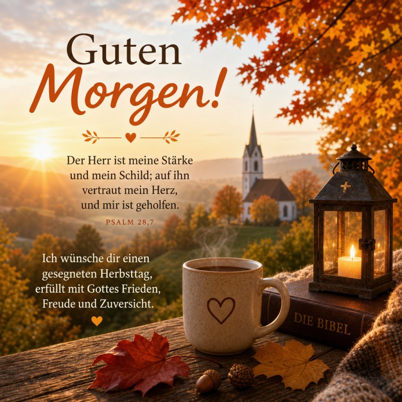 Ein herbstlicher Guten-Morgen-Gruß zeigt eine Tasse Kaffee, eine Laterne und die Bibel auf einem Holztisch mit Blick auf eine Kirche im Hintergrund.