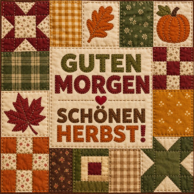 Ein herbstliches Patchwork-Design mit Blättern und Kürbissen begleitet den fröhlichen Guten-Morgen-Gruß und vermittelt eine gemütliche Stimmung.
