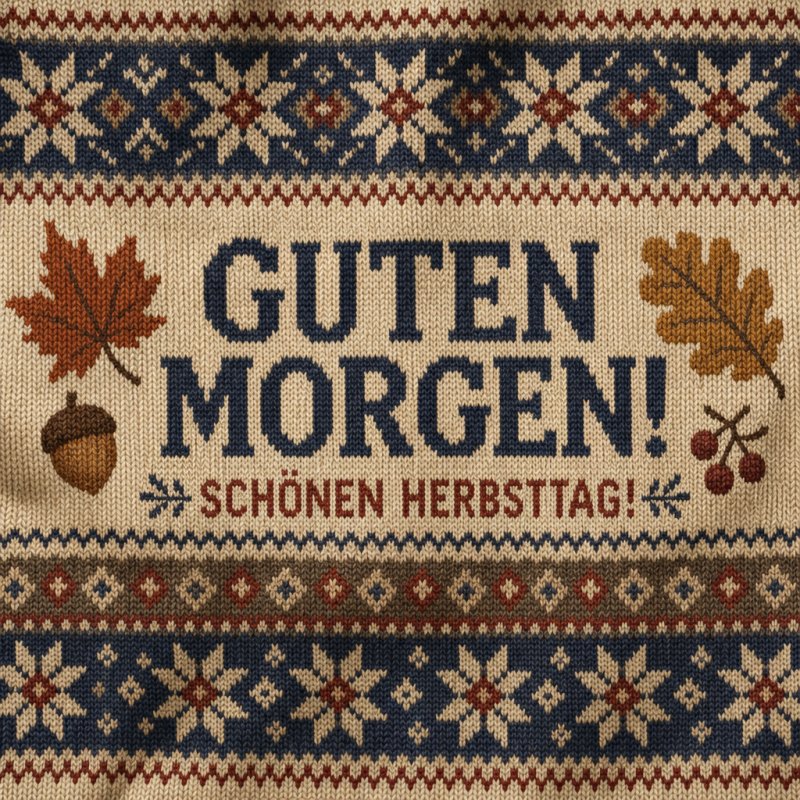 Ein herbstliches Strickdesign mit Guten-Morgen-Gruß zeigt bunte Blätter, Eicheln und Ziermuster auf einem wolligen Hintergrund in warmen Farben.