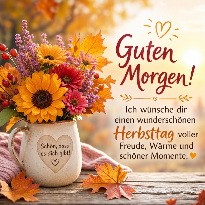 Ein leuchtender Guten-Morgen-Gruß mit einem herbstlichen Blumenstrauß in einem Keramikbecher vor einem stimmungsvollen Hintergrund aus Herbstblättern.