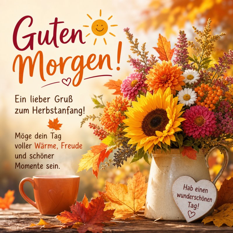 Ein herbstlicher Guten-Morgen-Gruß mit einem bunten Blumenstrauß aus Sonnenblumen und Herbstblättern neben einer Tasse Kaffee auf einem Holztisch.