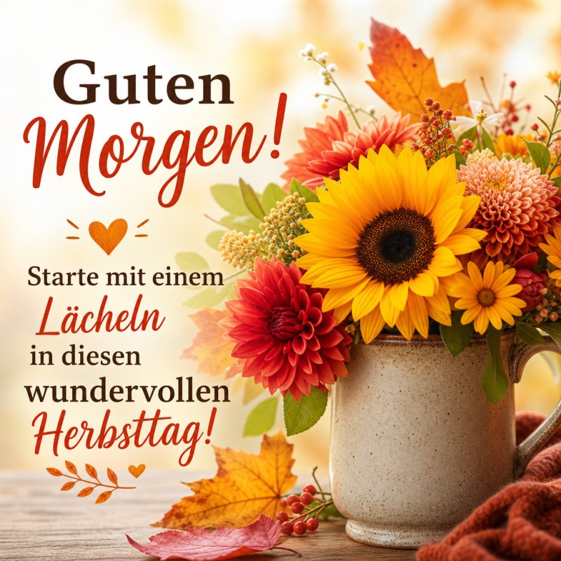 Ein herbstlicher Guten-Morgen-Gruß zeigt einen Strauß aus Sonnenblumen, Dahlien und Herbstblättern in einer Keramiktasse vor einem verschwommenen Hintergrund.