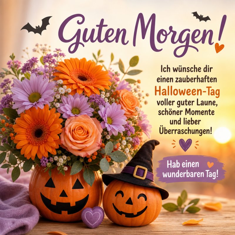 Ein fröhlicher Guten-Morgen-Gruß mit Kürbissen als Vasen, gefüllt mit bunten Herbstblumen, auf einem Tisch dekoriert für Halloween.