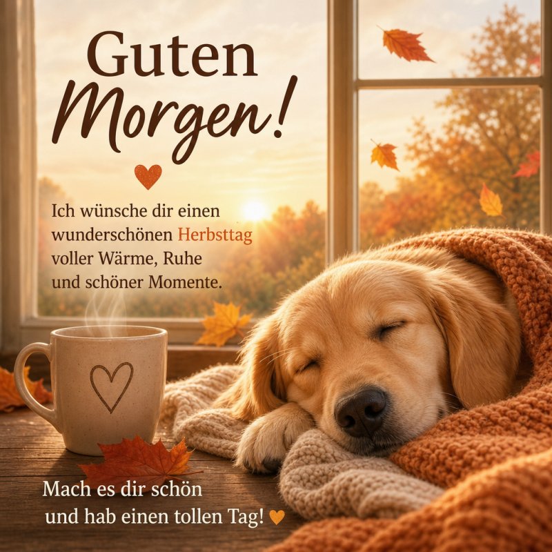 Ein Hund schläft gemütlich neben einer Tasse Kaffee vor einem herbstlichen Fensterblick in einem "Guten Morgen" Gruß mit fallenden Blättern.