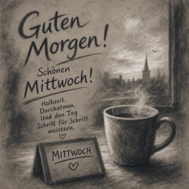 Eine dampfende Tasse Kaffee und ein Schild mit 'Mittwoch' vor einer herbstlichen Fensterkulisse, passend für einen Guten-Morgen-Gruß.
