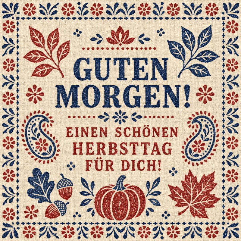 Ein herbstlicher Guten-Morgen-Gruß mit einem Kürbis, roten und blauen Blättern und Eicheln auf einem rustikalen Leinenmuster mit Paisley-Motiven.
