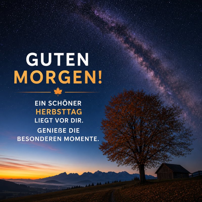 Ein einsamer Baum steht vor einer spektakulären Bergkulisse unter einem funkelnden Sternenhimmel, begleitet von einem warmen Guten-Morgen-Gruß.