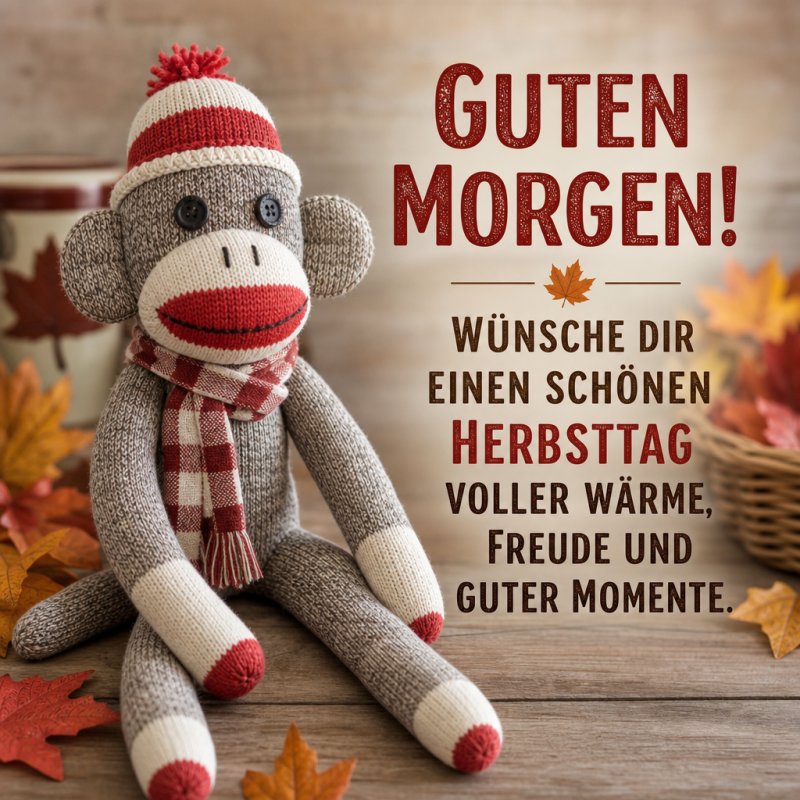 Ein gestrickter Affe mit Schal und Mütze sitzt zwischen bunten Herbstblättern, begleitet von einem herzlichen Guten-Morgen-Gruß in warmer Atmosphäre.