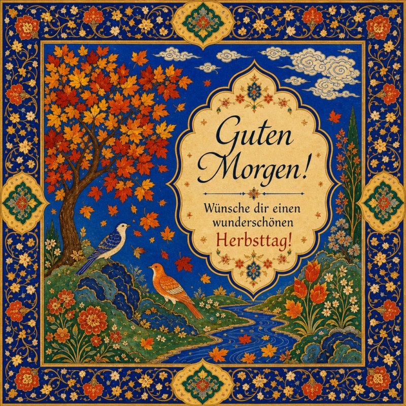 Eine kunstvolle Szene zeigt Vögel unter einem bunten Herbstbaum mit Blumen, begleitet von einem dekorativen Guten-Morgen-Gruß auf einem Herbsttag.