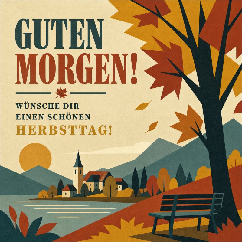 Ein herbstlicher Guten-Morgen-Gruß zeigt eine idyllische Seelandschaft mit buntem Laub, einer Kirche und Bergen im Hintergrund.
