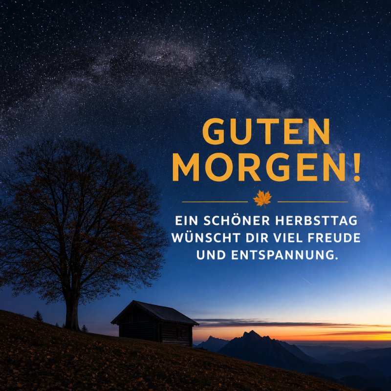 Ein Guten-Morgen-Gruß zeigt eine herbstliche Berglandschaft mit einem einsamen Baum, einer Hütte und einem funkelnden Sternenhimmel in der Dämmerung.