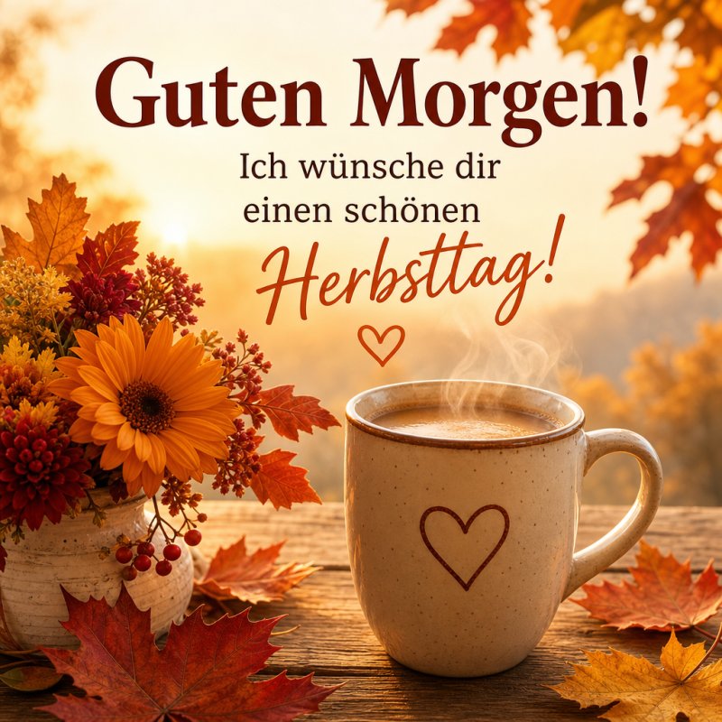 Ein herbstlicher Guten-Morgen-Gruß zeigt eine heiße Tasse Kaffee auf einem Holztisch, umgeben von bunten Herbstblättern und Blumen vor nebligem Hintergrund.
