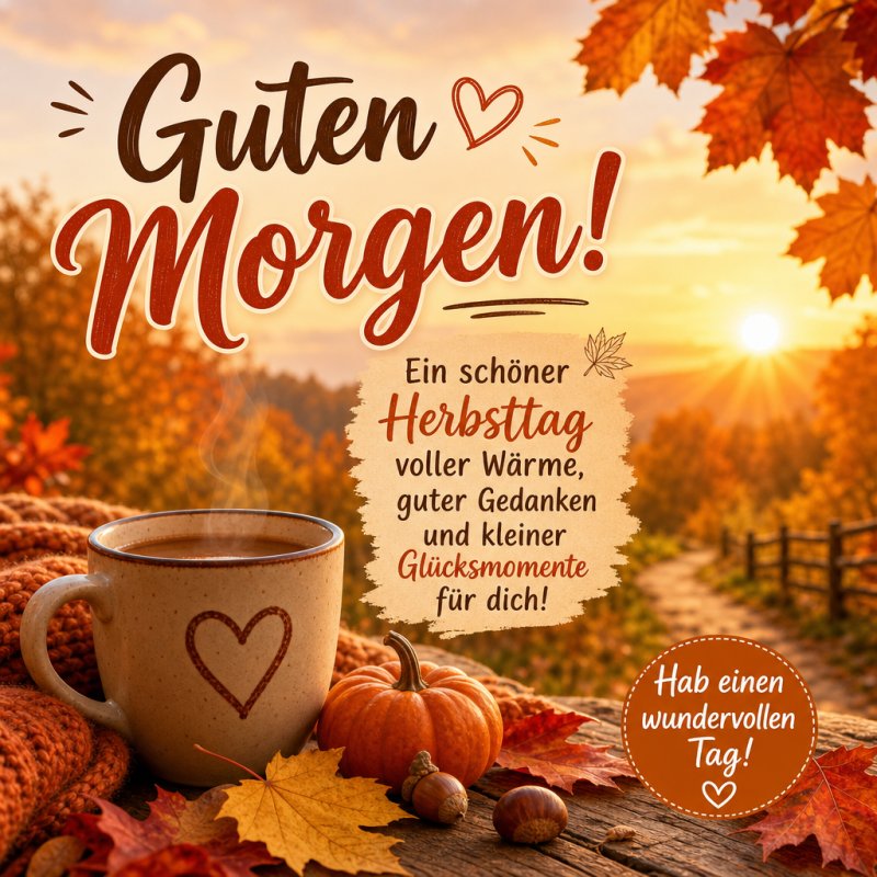 Ein gemütlicher Herbst-Guten-Morgen-Gruß mit einer Tasse Kaffee, Kürbis und bunten Blättern bei Sonnenaufgang in der Natur.
