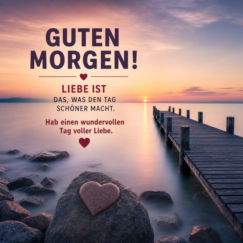 Ein romantischer Steg ins Meer bei Sonnenaufgang mit einem Herz auf einem Felsen und einem Guten-Morgen-Gruß für einen liebevollen Start in den Tag.