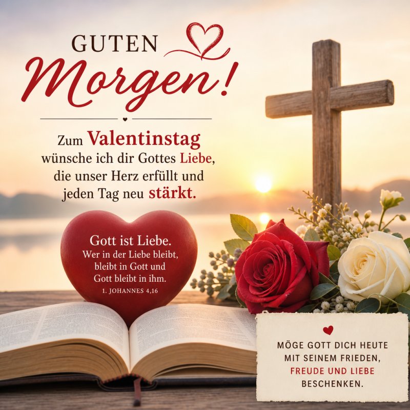 Ein rotes Herz und Blumen liegen bei einer Bibel am See und ergänzen den romantischen Guten-Morgen-Gruß zum Valentinstag bei Sonnenaufgang.