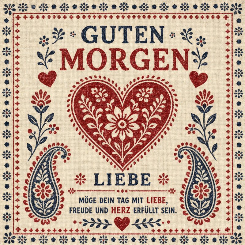 Ein liebevoller Guten-Morgen-Gruß mit einem großen roten Herz, umgeben von floralen Mustern und Ornamenten im Folklorestil auf cremefarbenem Hintergrund.