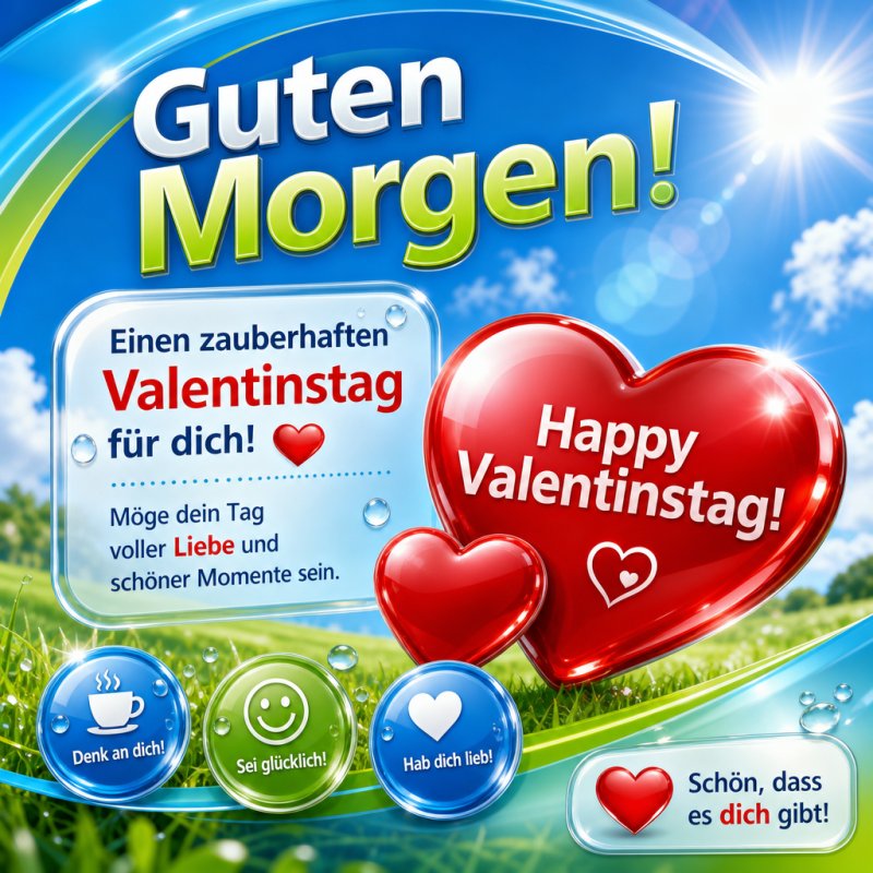 Zwei rote Herzen mit Valentinstagsgrüßen schimmern im Sonnenlicht auf einer Wiese und umgeben den Guten-Morgen-Gruß in leuchtenden Farben.